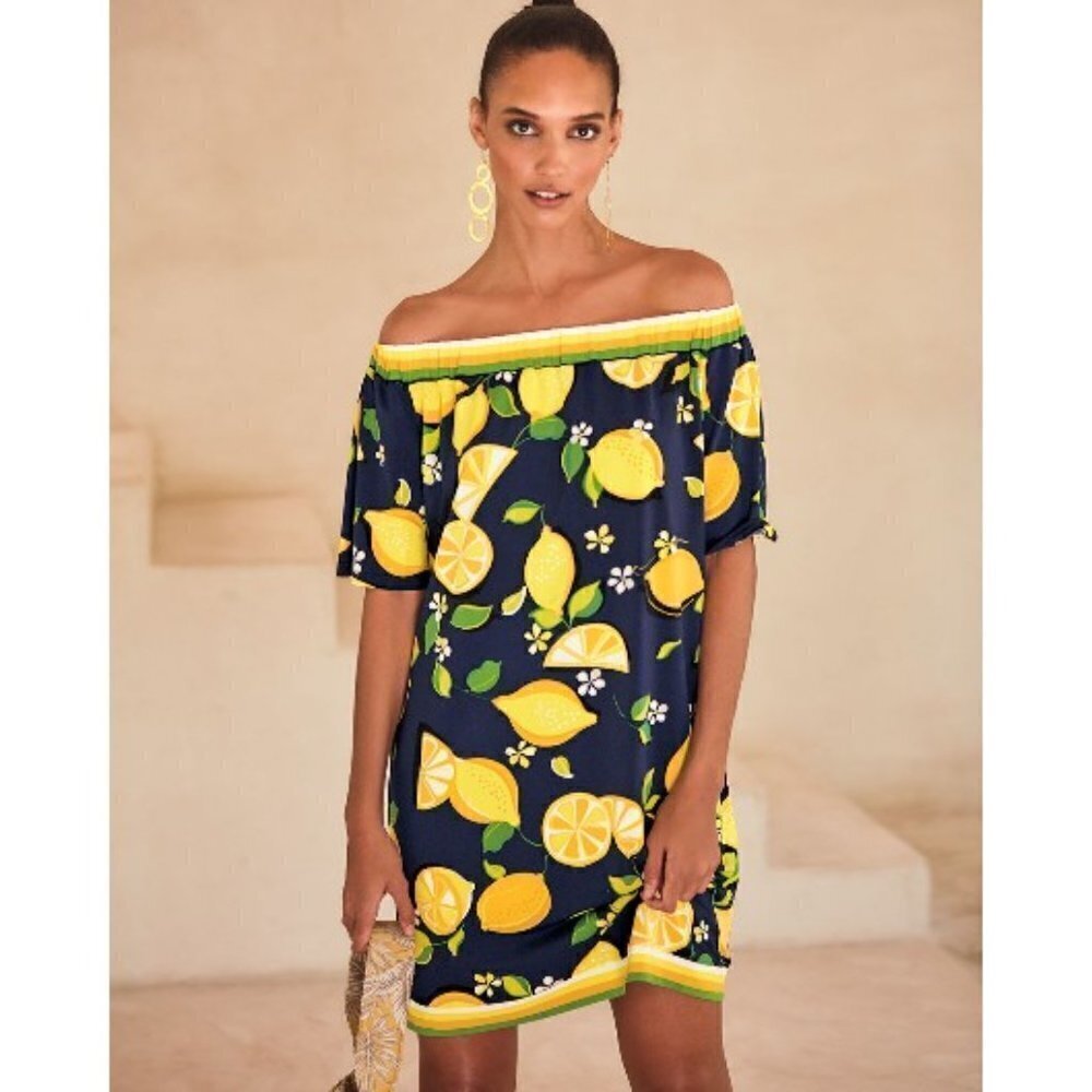 💕TRINA TURK Lemon-Print Off-Shoulder Shift Dress